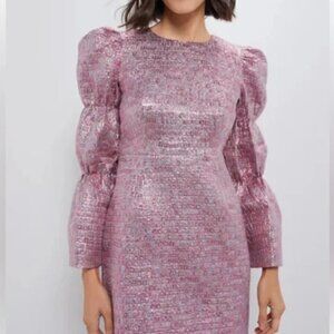 Hyacinth House Pink Multi Jacquard Puff Sleeve Darcy Mini Dress